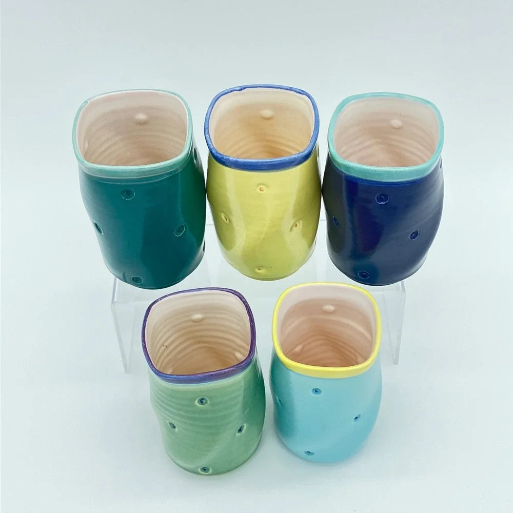 Studio Pottery Dimple Tumblers Set of 5 Handcrafted Colorful Ceramic Cups BM